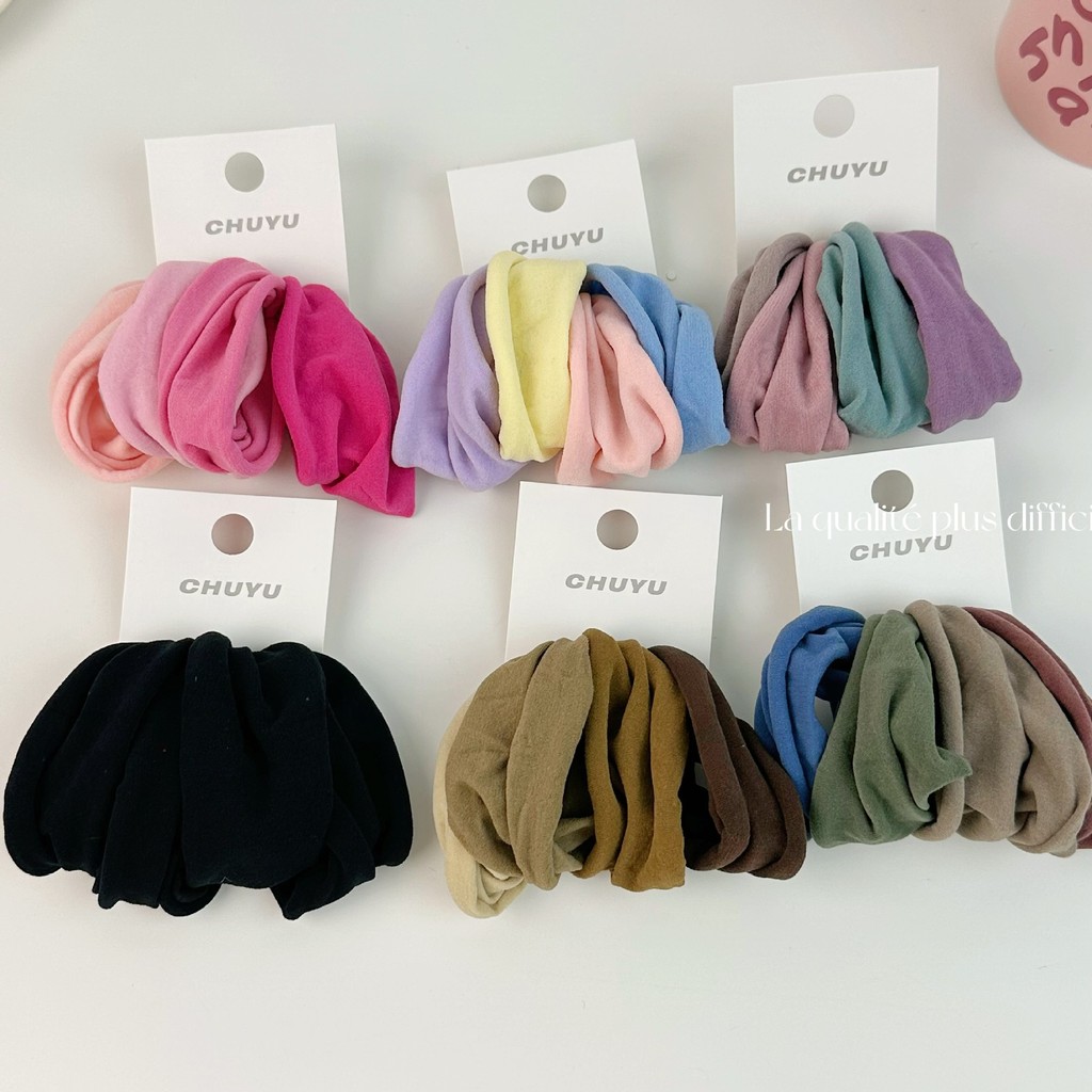 ยางรัดผมสีพื้นเรียบง่าย ขอบกว้าง ยืดหยุ่นสูง คุณภาพทนทาน นุ่มมาก แพ็ค4เส้น ใช้จับผมได้ทุกชุด