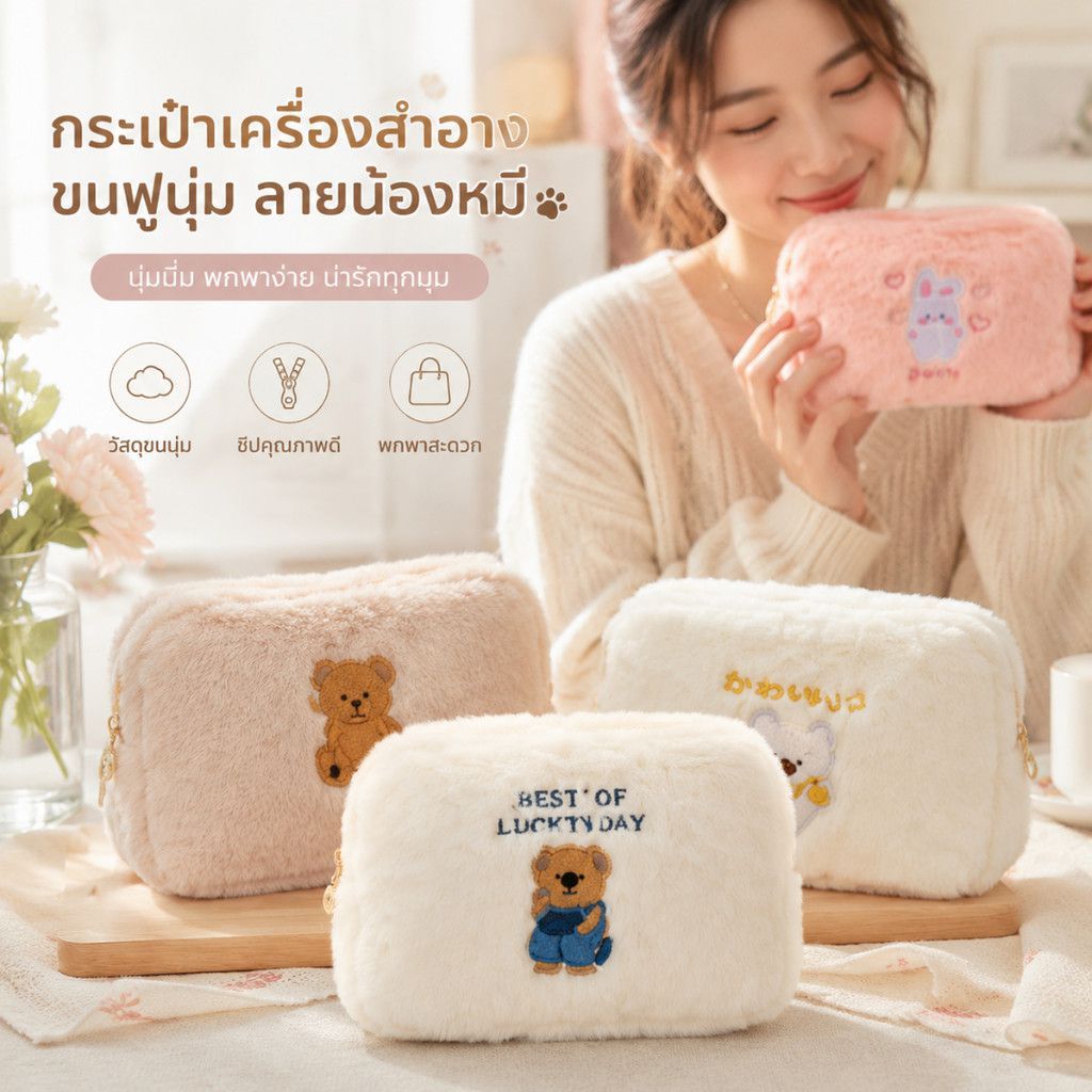 กระเป๋าเครื่องสำอางรูปหมีน่ารัก ปักลาย จุเยอะ พกง่าย สไตล์เกาหลี-ญี่ปุ่น 【LuckServeX】