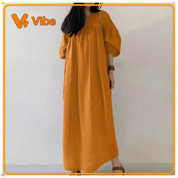 เดรสผ้าฝ้ายลินิน ในสต็อกมาใหม่สีทึบหลวมคอวีแขนพัฟชุดลําลองยาว