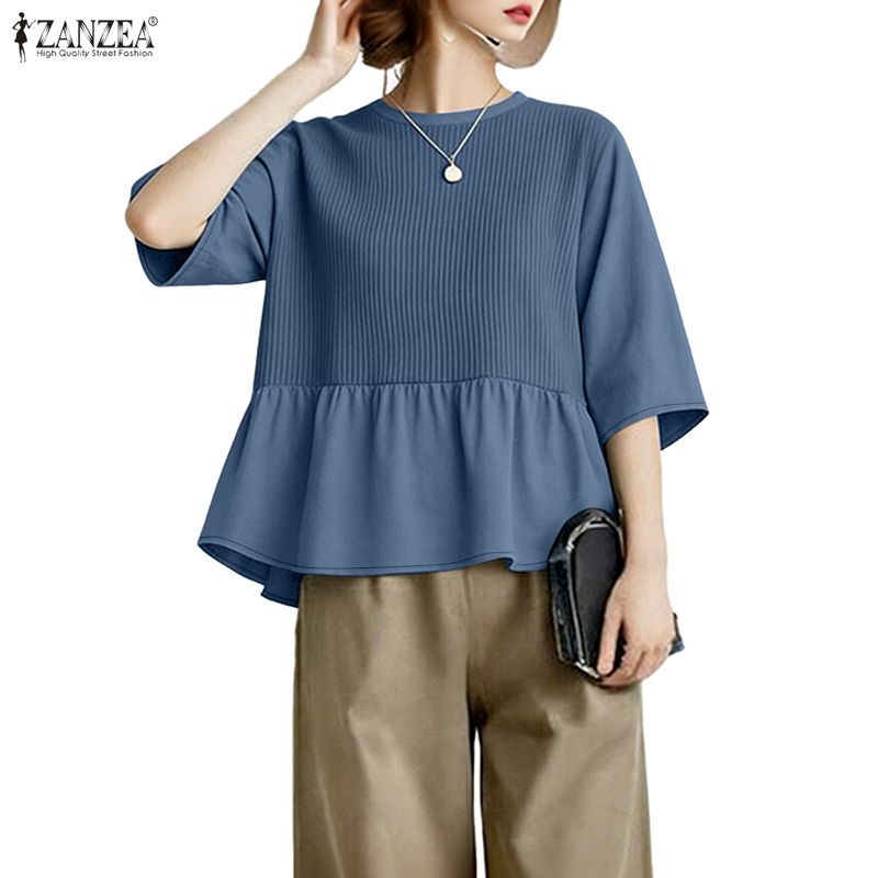 ZANZEA เสื้อเบลาส์สตรีแฟชั่นเกาหลีหลวมคอกลม 3/4 แขนนัวเนีย Hem