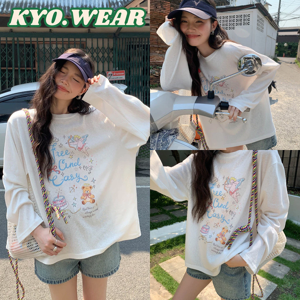 KYO 🌸【พร้อมส่ง】เกาหลีสไตล์ เสื้อยืดเเขนยาว ผู้หญิง พิมพ์ลาย "Free cind casy" OVERSIZE ผ้าฝ้าย 100% โคตรนุ่ม เสือใส่สบาย