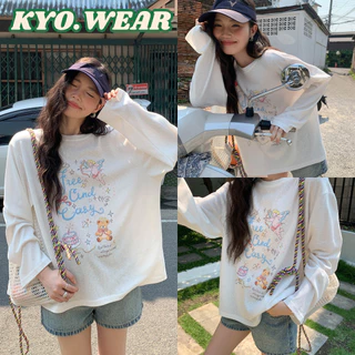 KYO 🌸【พร้อมส่ง】เกาหลีสไตล์ เสื้อยืดเเขนยาว ผู้หญิง พิมพ์ลาย "Free cind casy" OVERSIZE ผ้าฝ้าย 100% โคตรนุ่ม เสือใส่สบาย