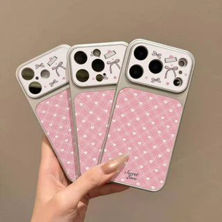 หัวใจลายตารางสีชมพู เคส For iPhone 13 11 17 15 16 12 14 Pro Max 15promax เคสโทรศัพท์หนังแกะ เคสโทรศัพท์ เคสมือถือ Case