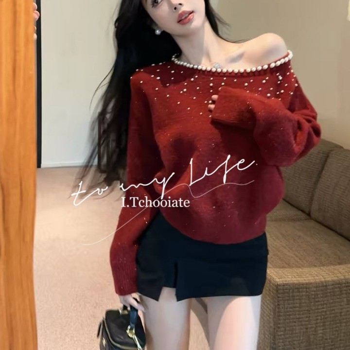 I.Thooiate Chanel สไตล์ไหล่เฉียง Heavy Industry Pearl Classy เสื้อกันหนาวผู้หญิงปีใหม่สีแดง All-Matc