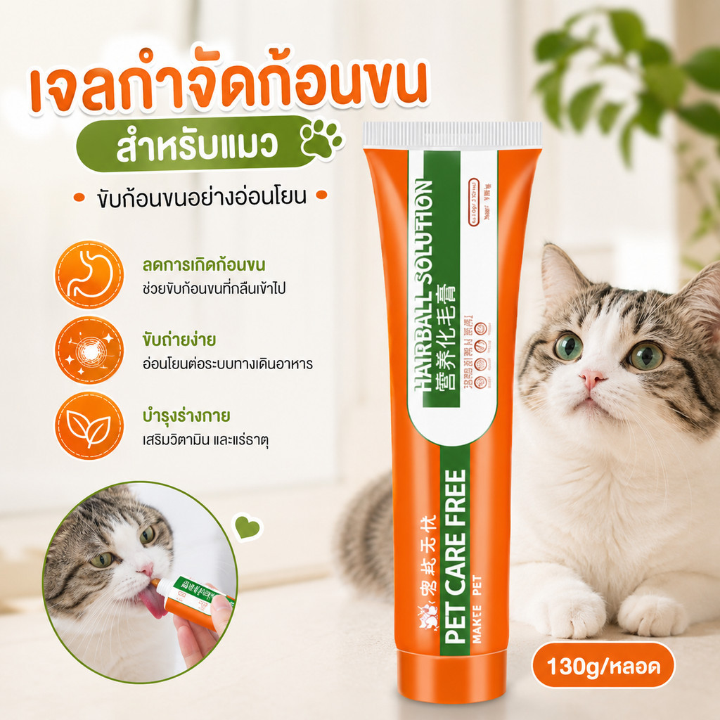 เจลระบายก้อนขนแมว 130g อาหารเสริมแมว ช่วยระบบขับถ่าย บำรุงลำไส้ เจลขับก้อนขน พร้อมส่ง