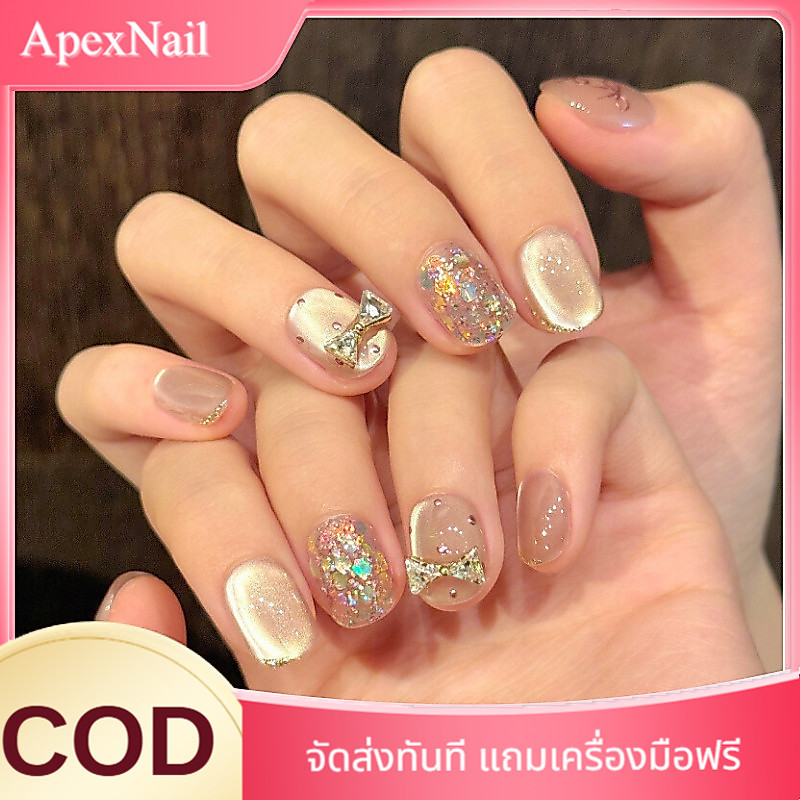 โบว์ลายจุดสั้นเจ้าหญิงทําด้วยมือแคทอายเล็บสั้น เล็บปลอม เล็บปลอมติด เล็บปลอมเจล งานแฮนด์เมด nail ใช้ซ้ําได้