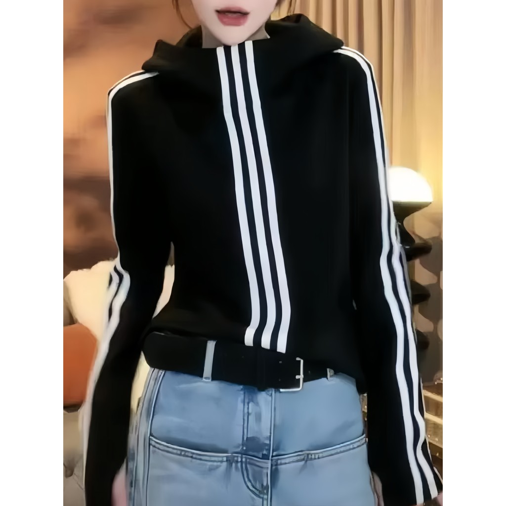 2025 ฤดูใบไม้ผลิฤดูใบไม้ร่วงสไตล์ใหม่Hooded Bottomingเสื้อผู้หญิงเกาหลีรุ่นสามบาร์ลายแขนยาวลําลองAll-Match Slimmerดูผู้หญิงยอดนิยม