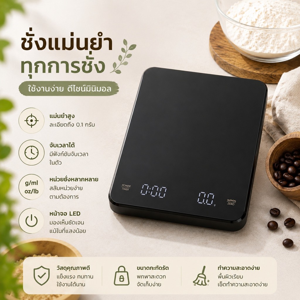 เครื่องชั่งดิจิตอล เครื่องชั่งกาแฟ เครื่องชั่งกาแฟ ฟังก์ชั่นการชดเชยน้ําหนัก หน้าจอ LED  S00116