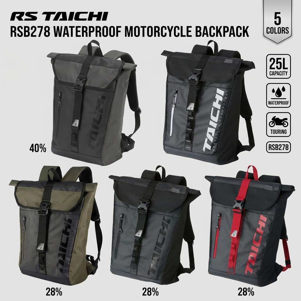 RS TAICHI Waterproof Motorcycle Backpack RSB278 - Unisex Touring - 25L Capacity - Multiple Colors Av
