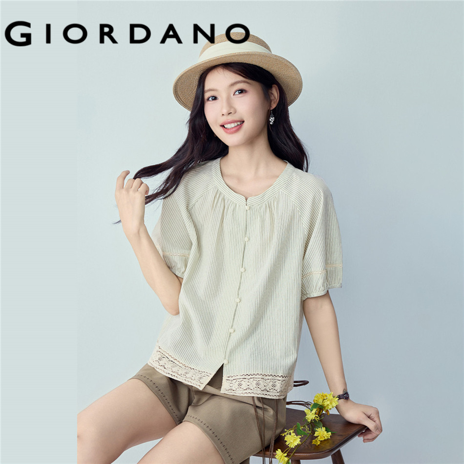 GIORDANO WOMEN Lace trim striped short sleeve blouse 18346005