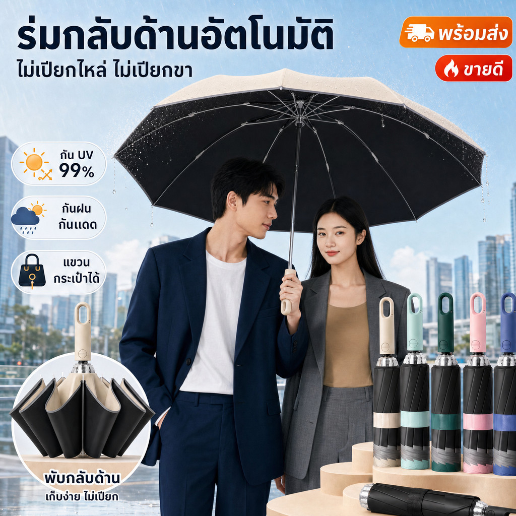 ร่มพับกลับด้านอัตโนมัติ กันแดดกันฝน UPF50+ ร่มไม่เปียกรถ ขอบสะท้อนแสง 10 ซี่ ขนาด 106 ซม ด้ามห่วงพกพา เหมาะกับรถยนต์พกพา