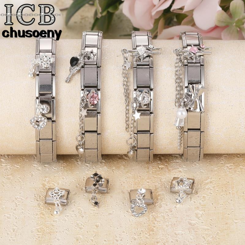 Heart Star Bow Italian Charm Modular สร้อยข้อมือไทเทเนียมเหล็กปั๊มคู่ DIY สร้อยข้อมืออุปกรณ์เสริม