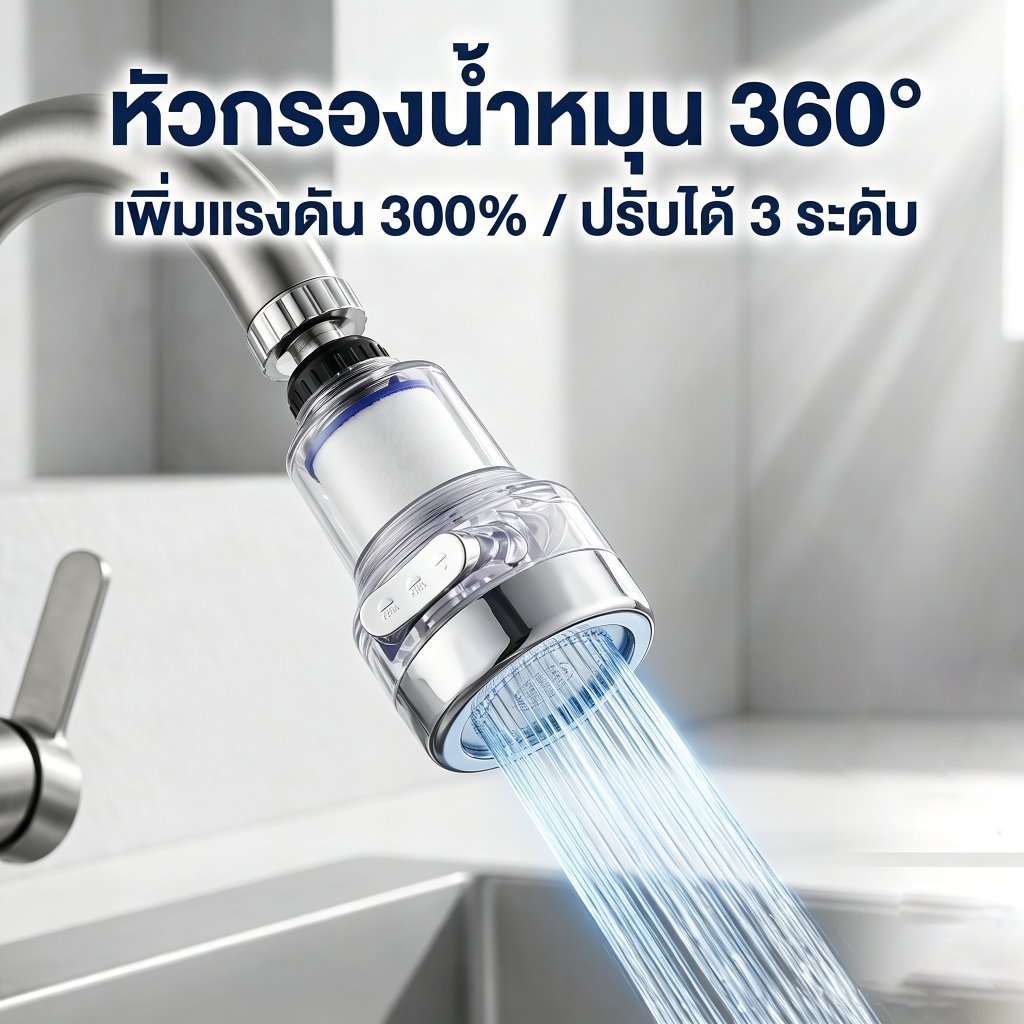หัวก๊อกน้ำกรองน้ำสากล กันกระเด็น ปรับได้ 3 ระดับ หัวต่อก๊อกน้ำซิงค์ล้างจานพร้อมไส้กรอง