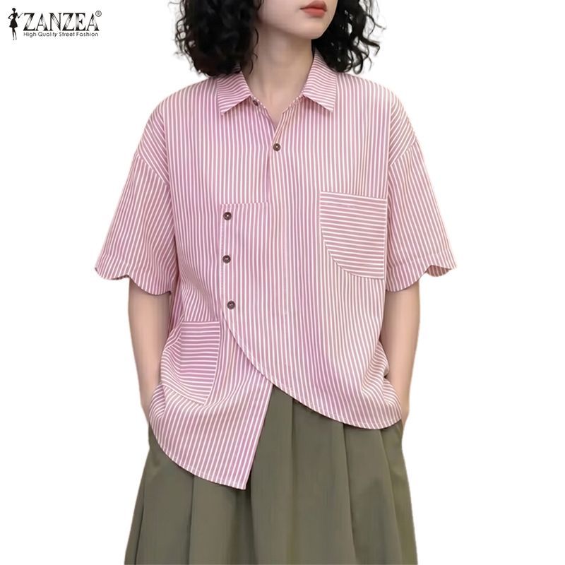 ZANZEA ซานเซีย เสื้อสตรีเกาหลีหลวมแขนสั้นลายหยักแบบอสมมาตรเสื้อลําลอง — صورة 4
