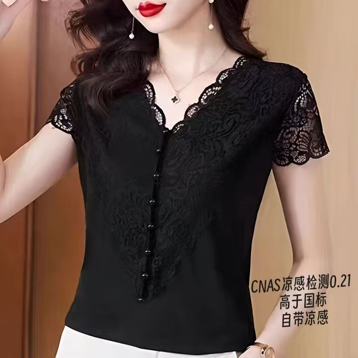 ฤดูร้อนใหม่ลูกไม้สไตล์ การทําตัวให้ผอม แขนสั้นเสื้อยืดด้านบน