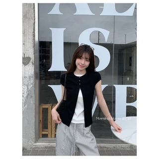 เสื้อเวสต์ถักไร้แขน คอกลมกระดุมหน้า ผ่าปลาย สไตล์สองชั้นปลอม สีดำเรียบหรูฤดูร้อน