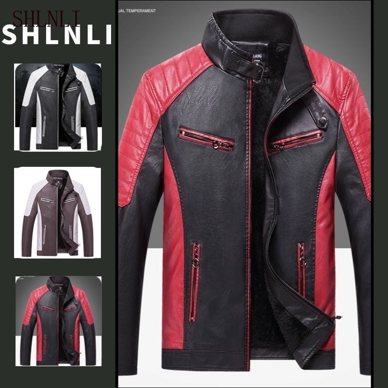 ผู้ชายกํามะหยี่เรียงรายฤดูใบไม้ร่วง WinterLeather Biker Stand Up Collar Zipper Pocket Outerwear