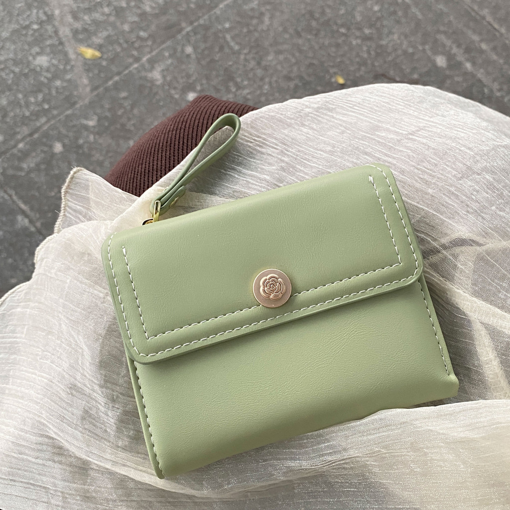 Simple Camellia Flip Wallet Female Fresh Student Card Holder Coin Purse Multifunctional Short Wallet