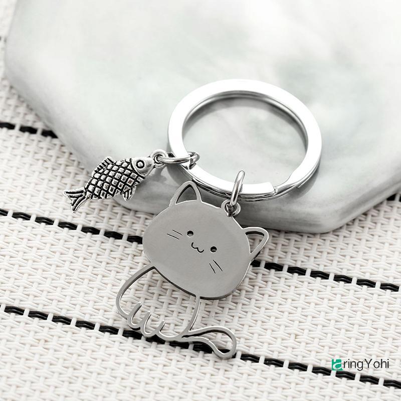 AringYohi] ตลกการ์ตูนแมวปลาพวงกุญแจคู่คนรักสแตนเลสพวงกุญแจน่ารักจี้ Key Chain ของขวัญวันวาเลนไทน์เครื่องประดับใหม่