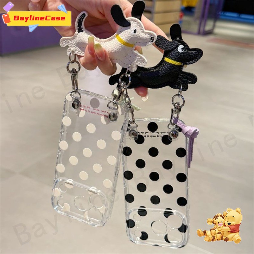 ขายร้อน Ins สไตล์ Polka Dot + สายรัดข้อมือลูกสุนัข Matte Texture หัวใจกรอบด้านข้างเคสโทรศัพท์ใช้งานร่วมกับ iPhone 17 16 15 14 13 12 11 Pro Max X Xr Xs Max 8 7 Plus ฝาครอบ