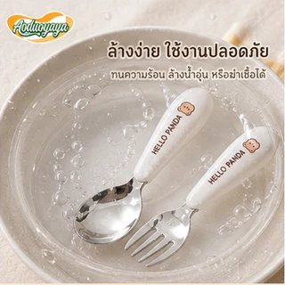 Aoduoyaya ชุดช้อนส้อมเด็ก ตะเกียบเด็ก พร้อมกล่องพกพา สแตนเลส316 ลายการ์ตูน ชุดทานข้าวเด็ก โรงเรียน