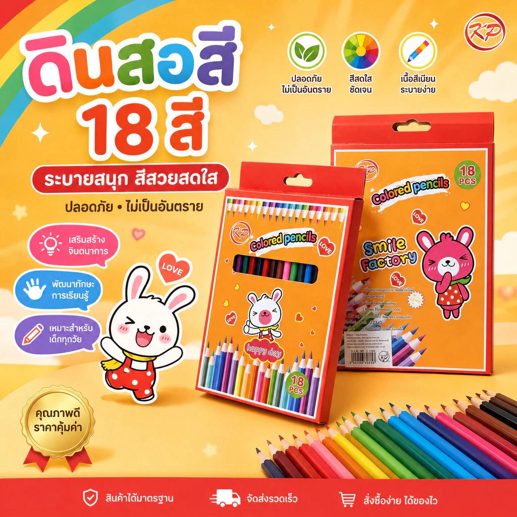 ดินสอสีไม้ 18 สี กล่องลายการ์ตูน สีสวยสดใส L-1884(ยกโหล12แพค)