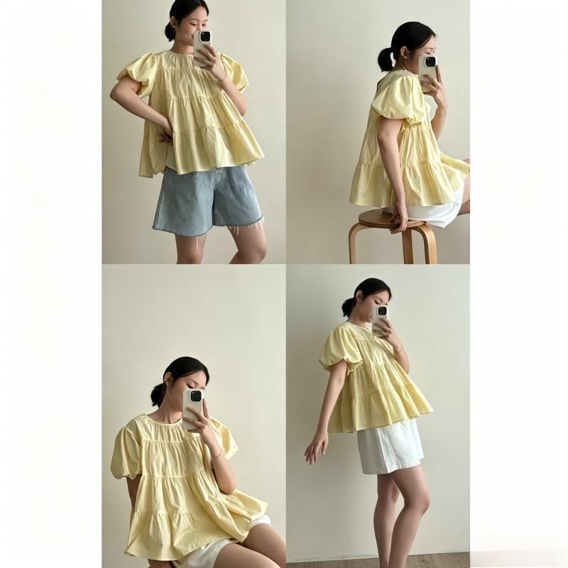 ผู้หญิงเสื้อเชิ้ตคอกลมสีทึบพัฟแขนสั้นออกแบบจีบผ้าสบายผู้หญิงขนาดบวกเสื้อผ้า