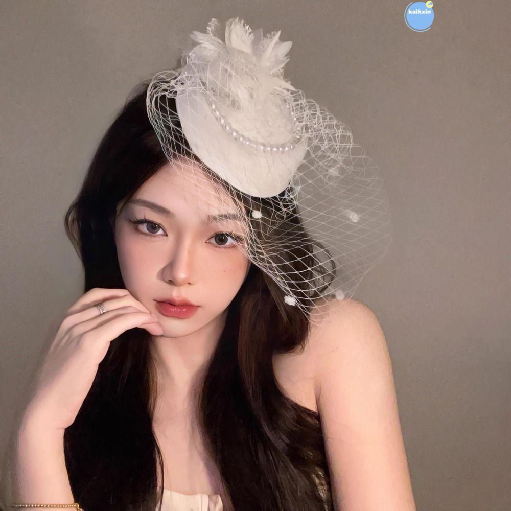 COOLSO หมวกผ้าคลุมหน้างานแต่งงาน, ดอกไม้มุก, หมวกเจ้าสาวหรูหรา, หมวก Pillbox ตาข่ายวินเทจอารมณ์สําหรับผู้หญิง