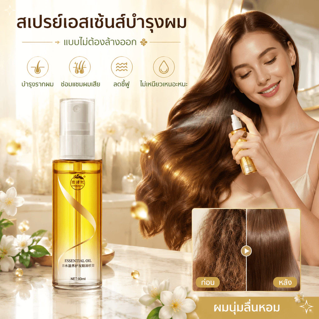 สเปรย์บำรุงผมแบบไม่ต้องล้างออก น้ำมันหอมระเหย ซ่อมแซมผมเสียหลังดัดย้อม ลดชี้ฟู ผมนุ่มลื่น หอม ไม่เหนียว