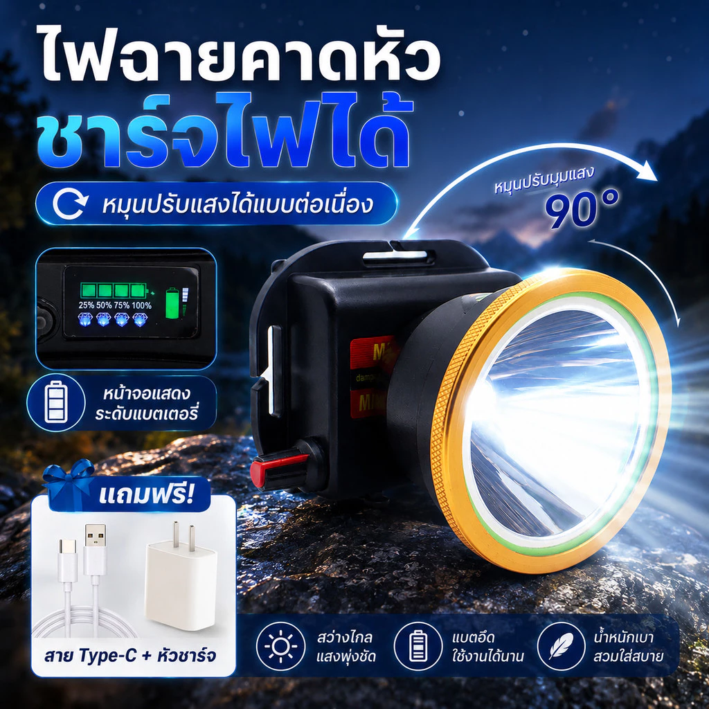 ไฟฉายแรงสูง LED มีหน้าจอบอกเวลา 200/300วัตต์ แบตอึดนาน 20 ชั่วโมง รับประกันพุงไกล 2000 เมตร ไฟฉายคาดหัวแรงสูง