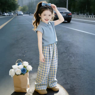 [ML] 80-180CM Girls Fashion Casual POLO Shirt กางเกงลายสก๊อตฤดูร้อนสไตล์ใหม่เด็กใหญ่แฟชั่นเกาหลีรุ่นอินเทรนด์ Influencer เสื้อผ้า