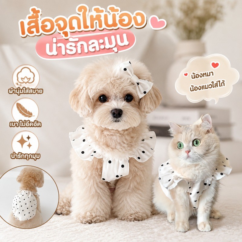 เสื้อจุดให้สัตว์เลี้ยง เสื้อแมว นุ่มสบาย ชุดเดรสสัตว์เลี้ยง น่ารักมาก ระบายอากาศ ระบายอากาศ Sweet girl style