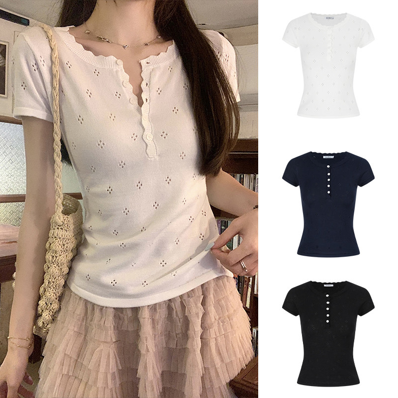 <Moses Queen> เสื้อยืดแขนสั้นผ้าถักฉลุลายสไตล์เกาหลีเสื้อตัวในฤดูร้อนแบบเรียบง่ายและหลากหลาย
