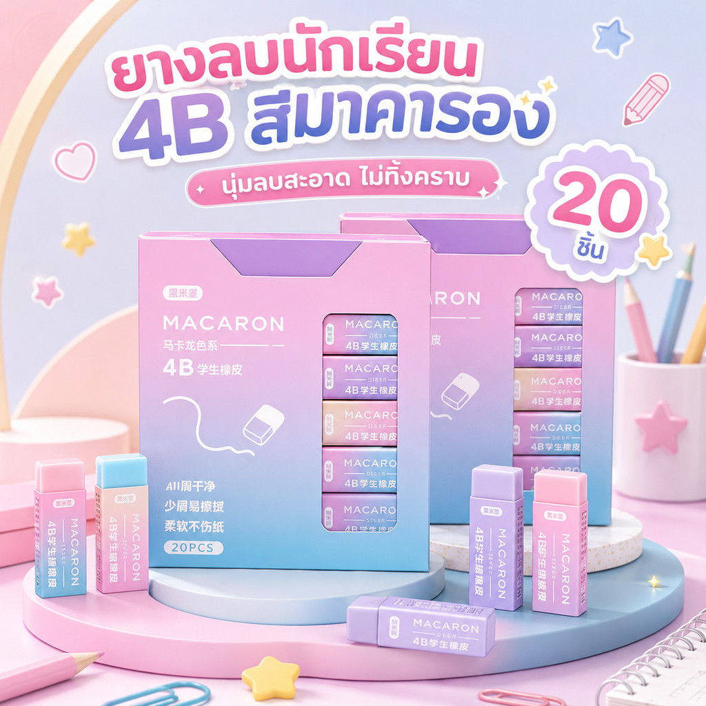 【จัดส่งจากกรุงเทพฯ】ยางลบ 4B สีมาคารอง สำหรับนักเรียน 20 ชิ้น ลบสะอาด เนื้อนุ่ม เศษยางน้อย สีพาสเทลน่ารัก