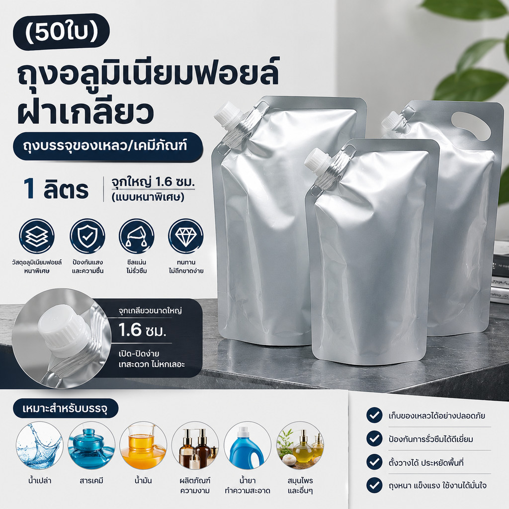 [50ใบ] ถุงอลูมิเนียมฟอยล์ ฝาเกลียว ถุงบรรจุของเหลว/เคมีภัณฑ์ 1 ลิตร จุกใหญ่ 1.6 ซม. (แบบหนาพิเศษ)