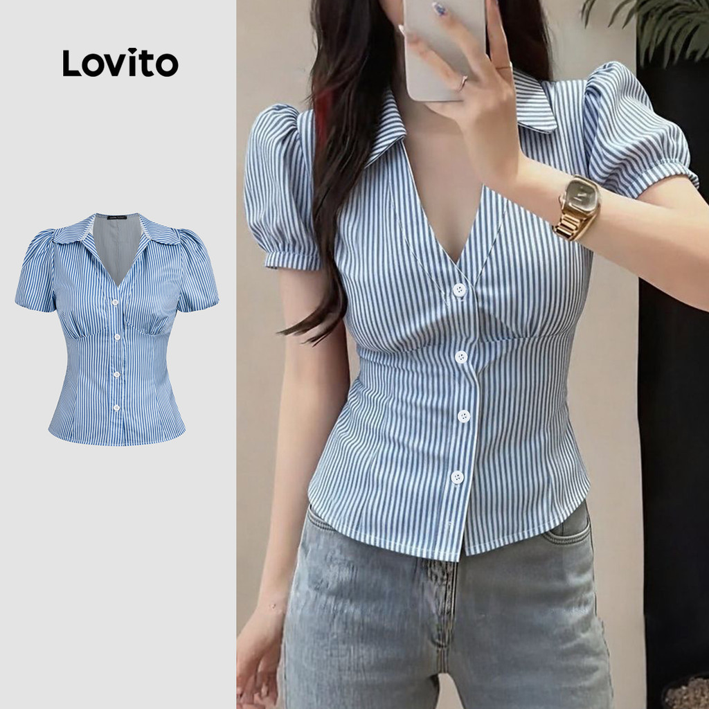 Lovito  เสื้อเชิ้ตลําลองสําหรับผู้หญิง สีฟ้า ลายโครงสร้างเรขาคณิต สําหรับฤดูใบไม้ผลิ/ฤดูร้อน L177ED128
