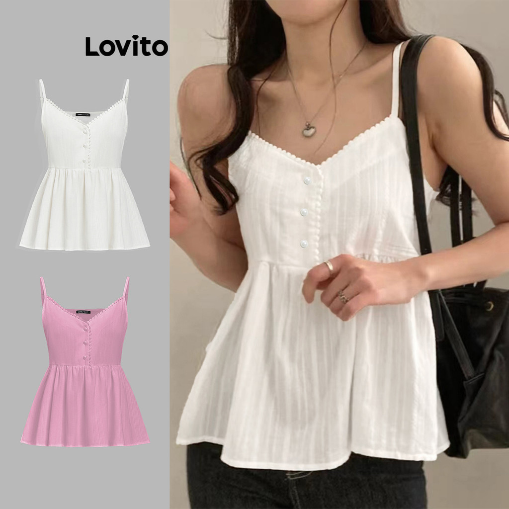 Lovito เสื้อกล้ามผู้หญิง สไตล์ลำลอง สีพื้น คอระบาย L105MD627
