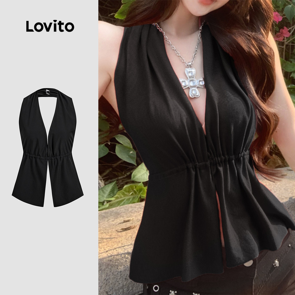 Lovito เสื้อครอปเซ็กซี่ คอผูกด้านหลัง เปิดหลัง สีดำ สำหรับผู้หญิง เหมาะสำหรับฤดูใบไม้ผลิ/ฤดูร้อน L144AD329