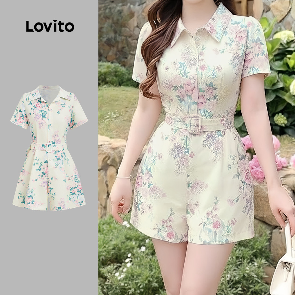 Lovito ชุดจั๊มสูทสไตล์โบโฮ สำหรับใส่ทำงานหรือพักผ่อน มีกระดุมด้านหน้าและเข็มขัด สำหรับผู้หญิง เหมาะสำหรับฤดูใบไม้ผลิ/ฤดูร้อน L164ED031