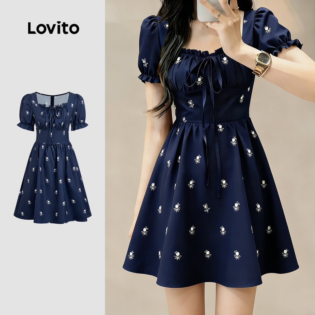 Lovito  เดรสลําลองผูกเชือกแต่งระบายฤดูใบไม้ผลิ/ฤดูร้อนสีกรมท่าสําหรับผู้หญิง LBL33053