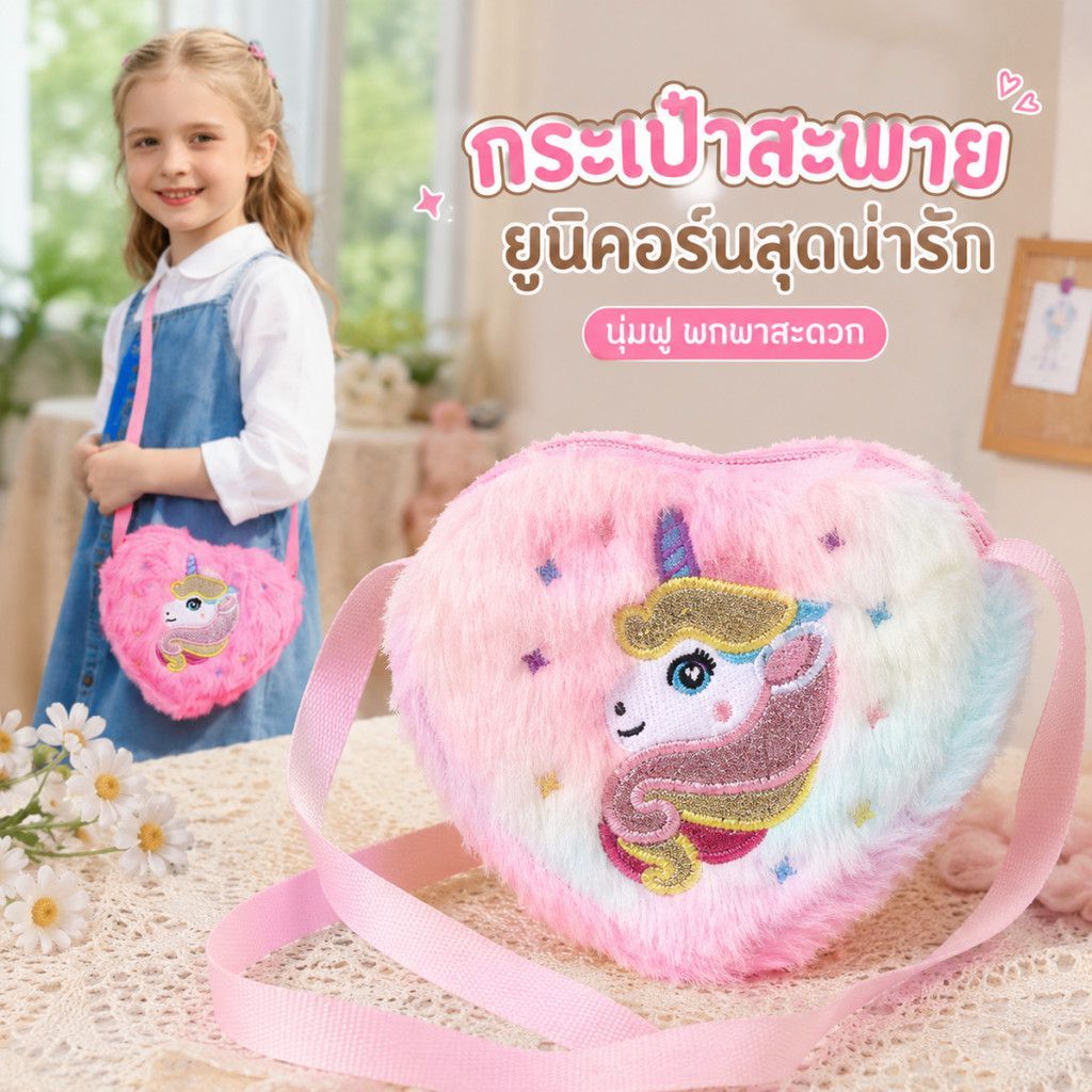 กระเป๋าสะพายไหล่ตุ๊กตาผ้ากำมะหยี่สำหรับเด็ก ลายยูนิคอร์น ปักลายการ์ตูน เหมาะสำหรับเด็กอนุบาล ใช้เก็บของว่างและของเล่น 【LuckServeX】