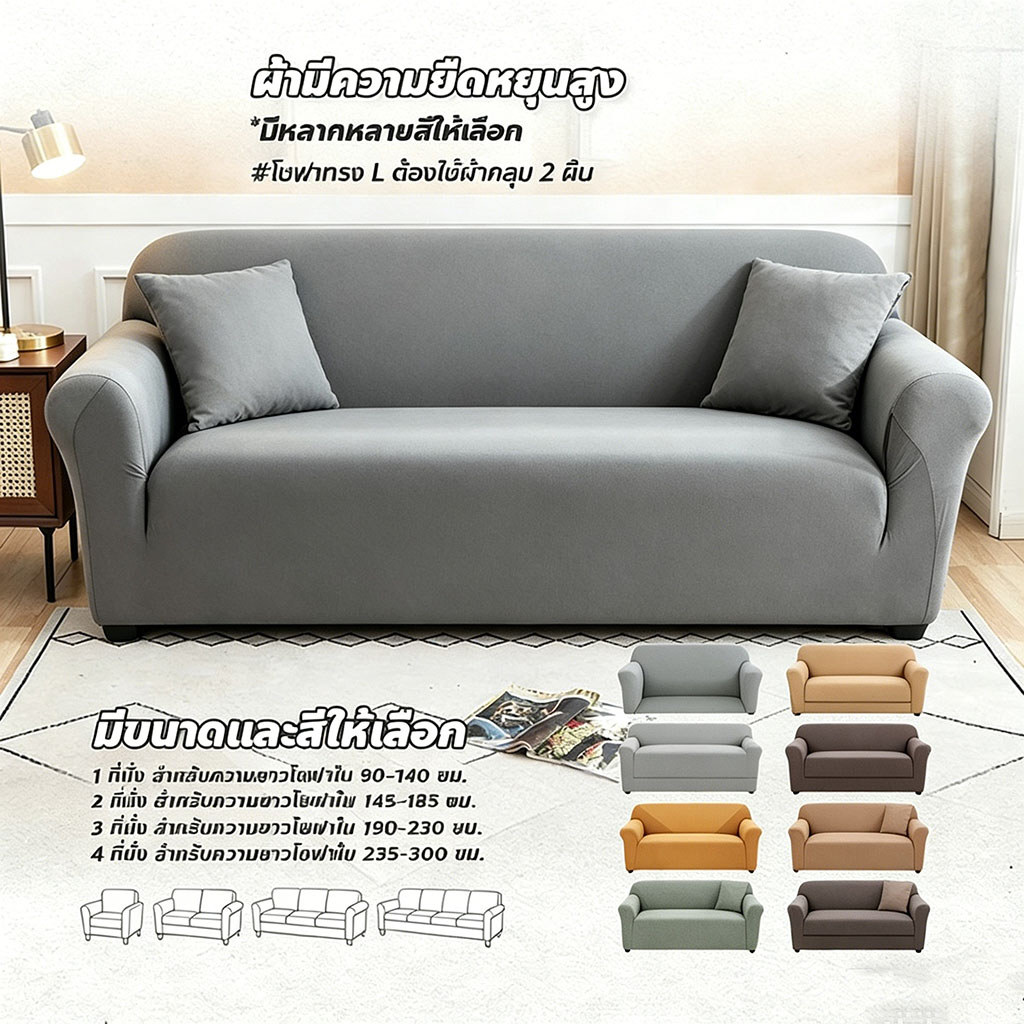 🔥พร้อมส่ง🔥ผ้าคลุมโซฟา กันลื่นกันฝุ่น สีทึบ 1/2/3/4 ที่นั่ง Sofa Cover ผ้าหุ้มโซฟา แบบยืดหยุ่น