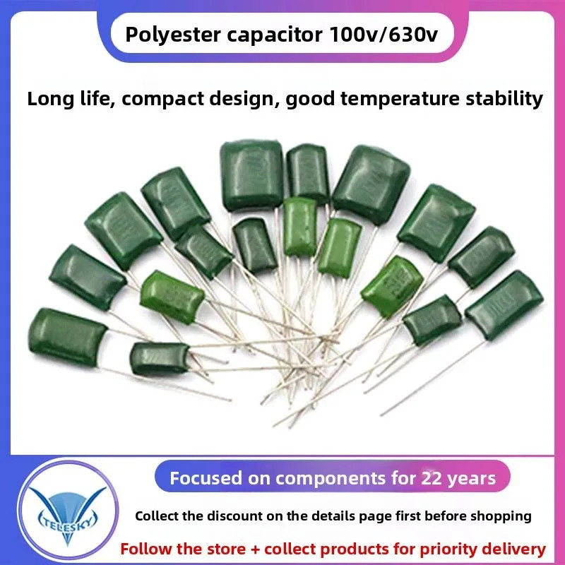 50PCS 100V 630V โพลีเอสเตอร์ฟิล์มตัวเก็บประจุ 2.2NF 0.01UF 2.2NF 22nF 102PF 220NF 473PF 100nF 0.1uF 