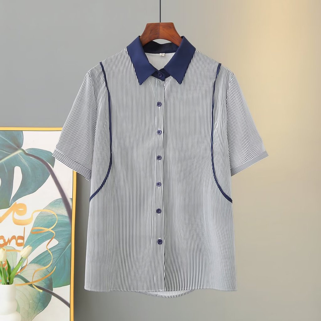 Plus ขนาดผู้หญิงแขนสั้นสีขาวสีฟ้าเสื้อฤดูร้อนสุภาพสตรี Elegant Office-wear หญิงเสื้อแฟชั่น XL-4XL A-line Blusas