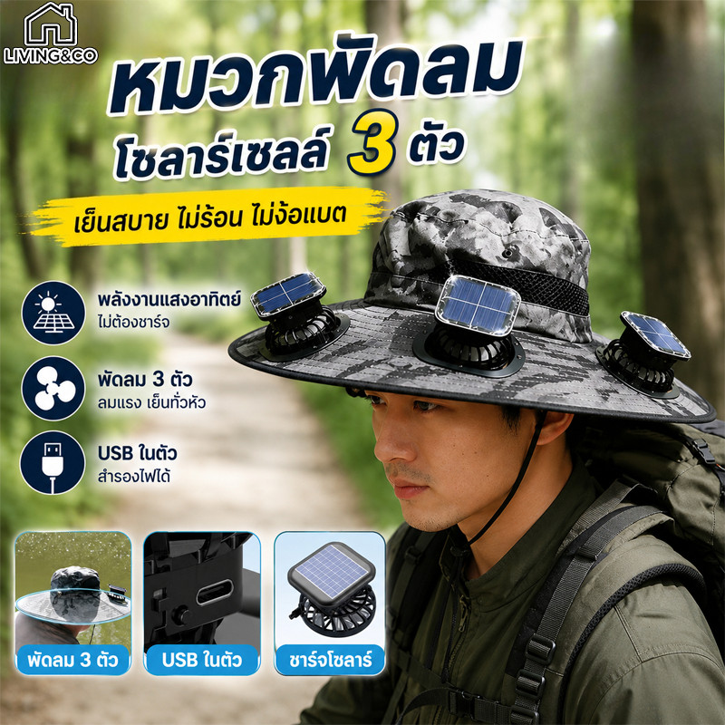 หมวกพัดลมโซลาร์เซลล์ 2 พัดลม ชาร์จได้ UPF50+ กันแดด กัน UV ถอดได้ ใส่กลางแจ้งสบายเย็นสบาย