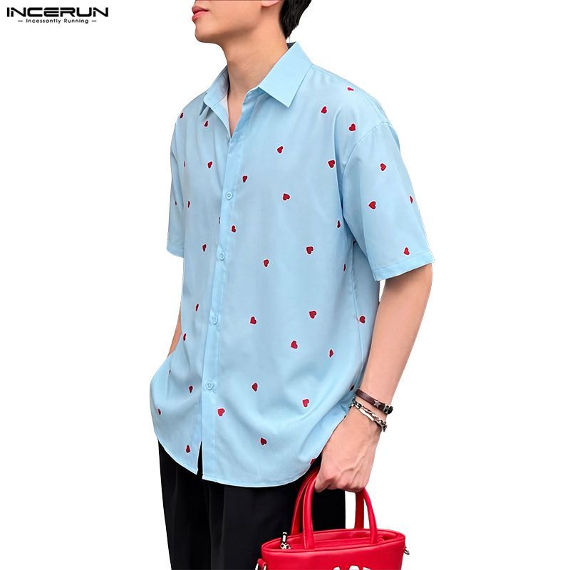 INCERUN ผู้ชายเกาหลี Streetwear อินเทรนด์ Turn-Down-Collar แขนสั้น Love พิมพ์ปุ่มเสื้อ