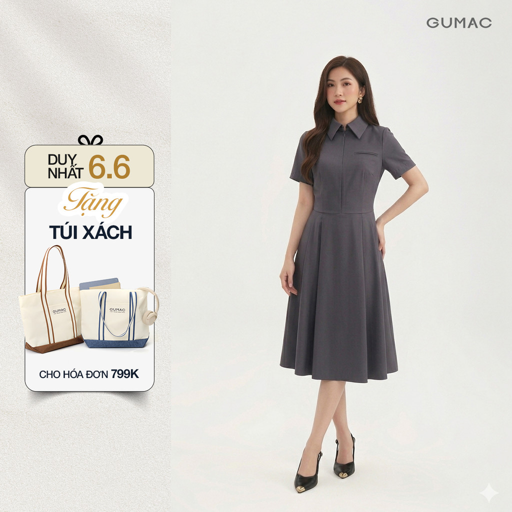 GUMC ชุดเดรสผู้หญิงคอปกเสื้อทรงเอและแขนสั้นหรูหรา LDF0825