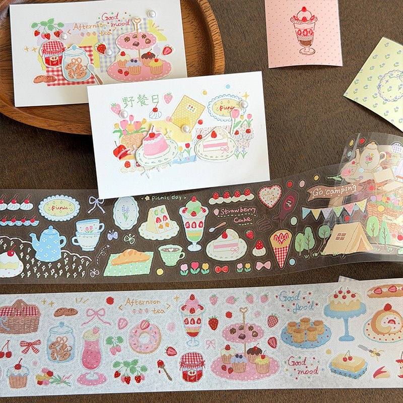 [สไตล์โอเวอร์ไซส์] Spring Summer สินค้าใหม่ Picnic Japanese Die-cut Handbook Tape Camping Picnic Dessert All-match กระดาษญี่ปุ่น PET ผัก Xuan