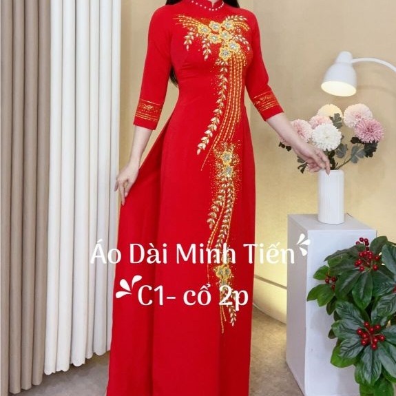 Ao Dai Made of High Quality American Silk with Stone Applique Patterns + เย็บมืออย่างพิถีพิถัน - รหั