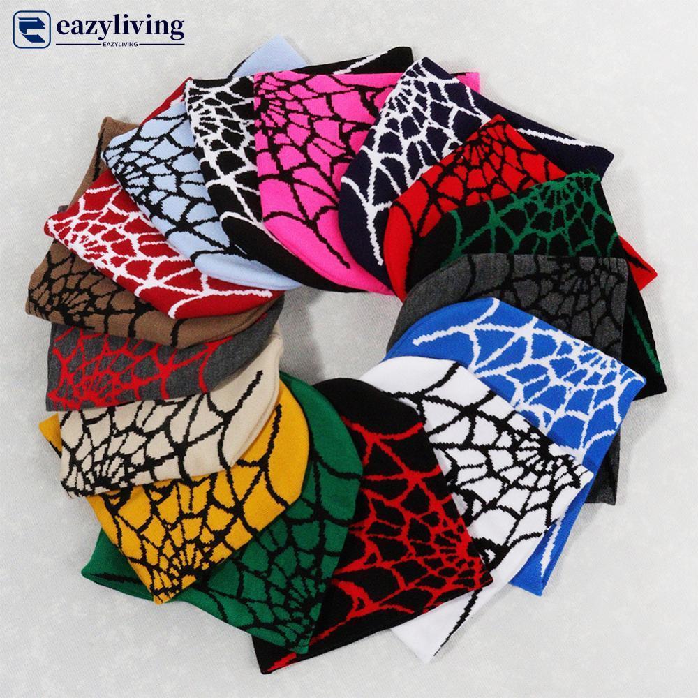 EAZYLIVING Y2K ถักหมวก Spider Web Jacquard กีฬากลางแจ้งแฟชั่นหมวกหมวกอุ่น Skullies สําหรับชายผู้หญิง